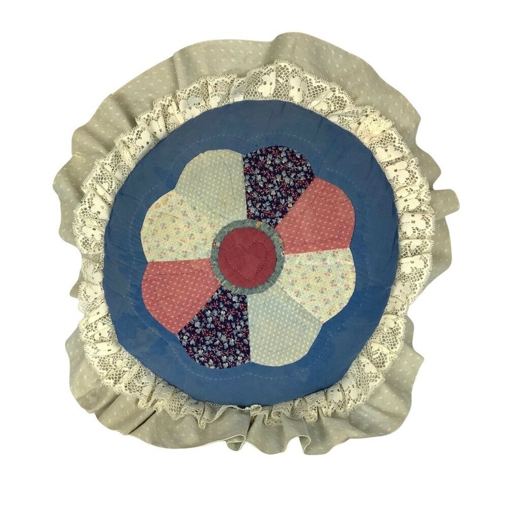 Handmade Vintage Dresden Flower Patchwork Round Pillow Blue Pink Cotton Ruffle